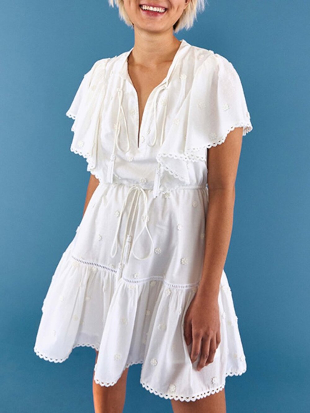 FARM Rio White Eyelet Tie-Waist Ruffled Mini Dress